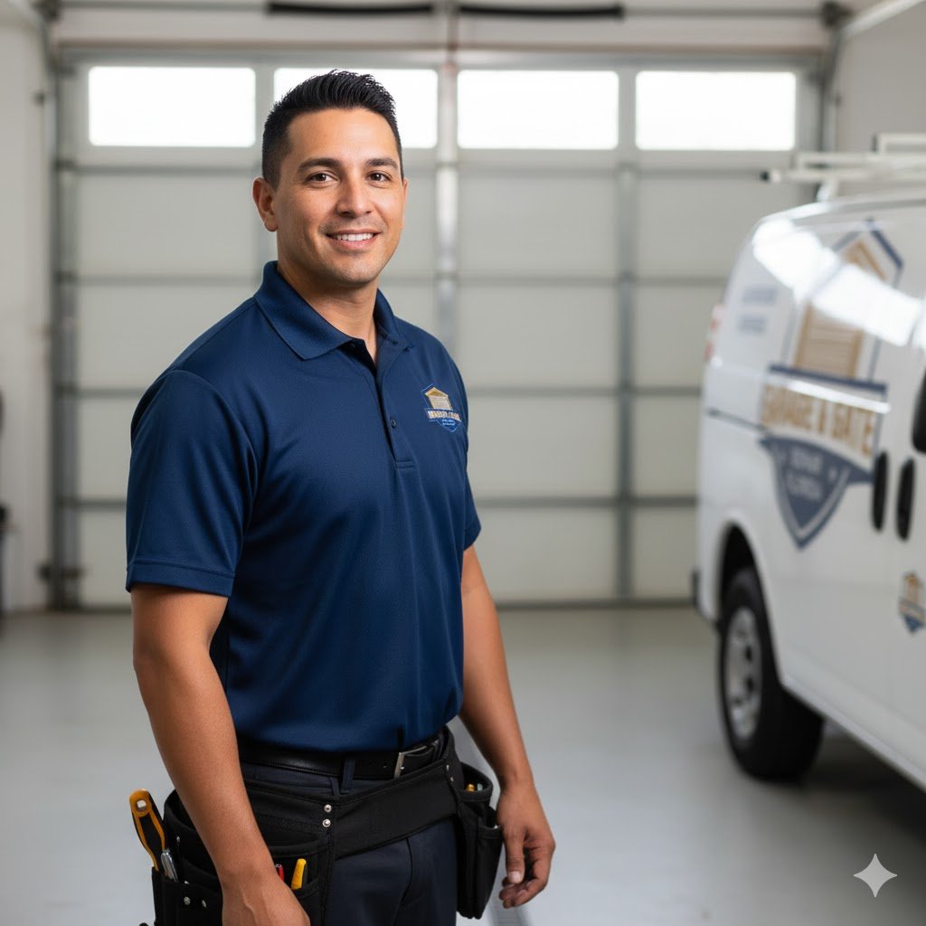 Technician in blue uniform smiling in a garage, equipped with tools, next to a service van branded with Garage & Gate Repair Florida logo.