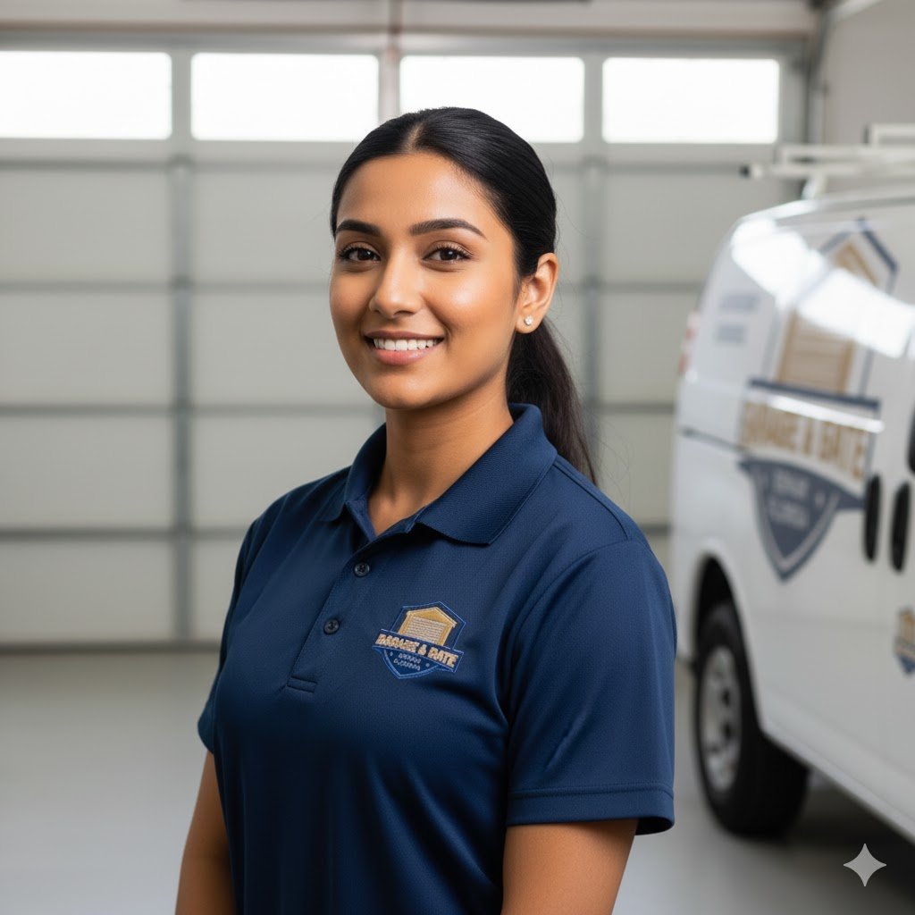 Smiling female technician in blue polo shirt with Garage & Gate Repair logo, standing in a garage setting next to a service van, representing professional garage door and gate repair services in Florida.