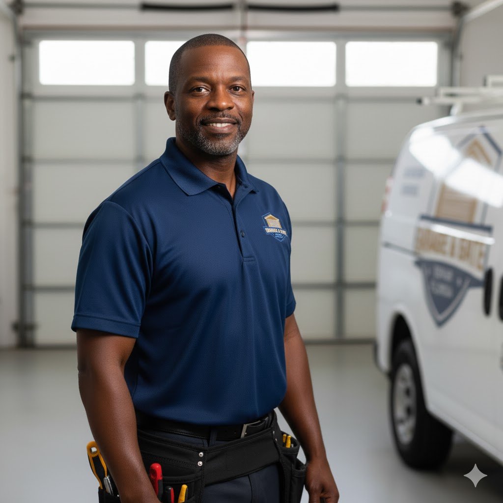 Professional technician in blue polo shirt standing in garage, tools visible in belt, with service van in background, representing Garage & Gate Repair Florida's expertise and reliability.
