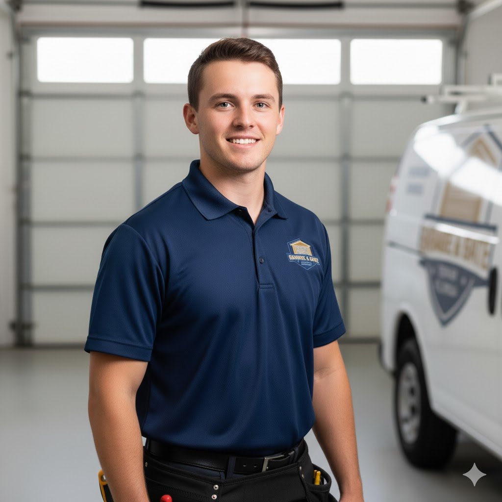 Technician in blue polo shirt smiling in garage, representing Garage & Gate Repair Florida, with service van in background, emphasizing professional expertise in garage door and gate repairs.